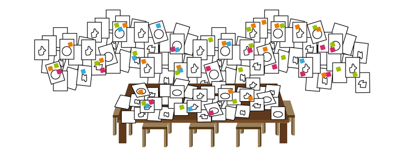 illustration of a desk and stools. a wall covered in paper with lots of different coloured post-its attached